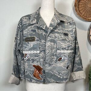 Upcycled Cropped Digital Camo Jacket with Lace Accents & Western Style Patches L
